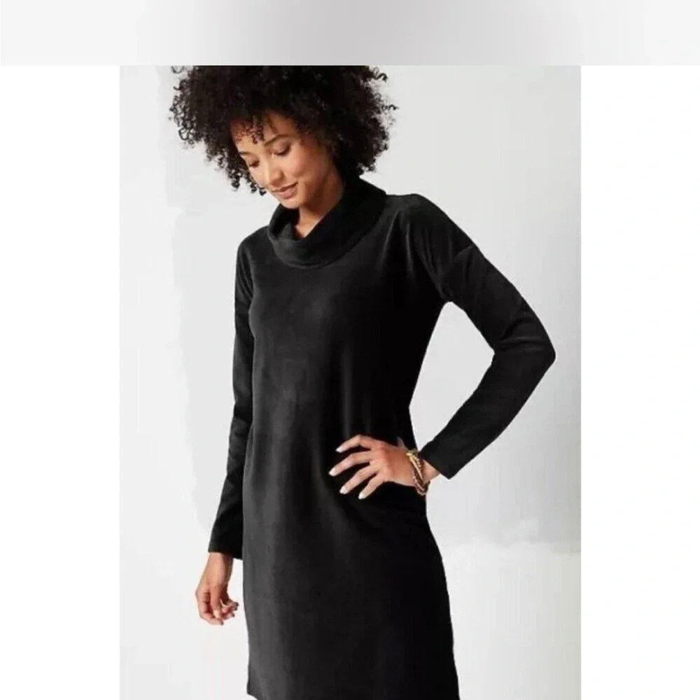 PureJill Black Long Sleeve Corded Velour Mock Cowl Neck Dress Size M Petite - Picture 1 of 4